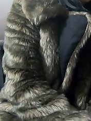 Giving a deep blow job and playing with cum while wearing a green fur coat